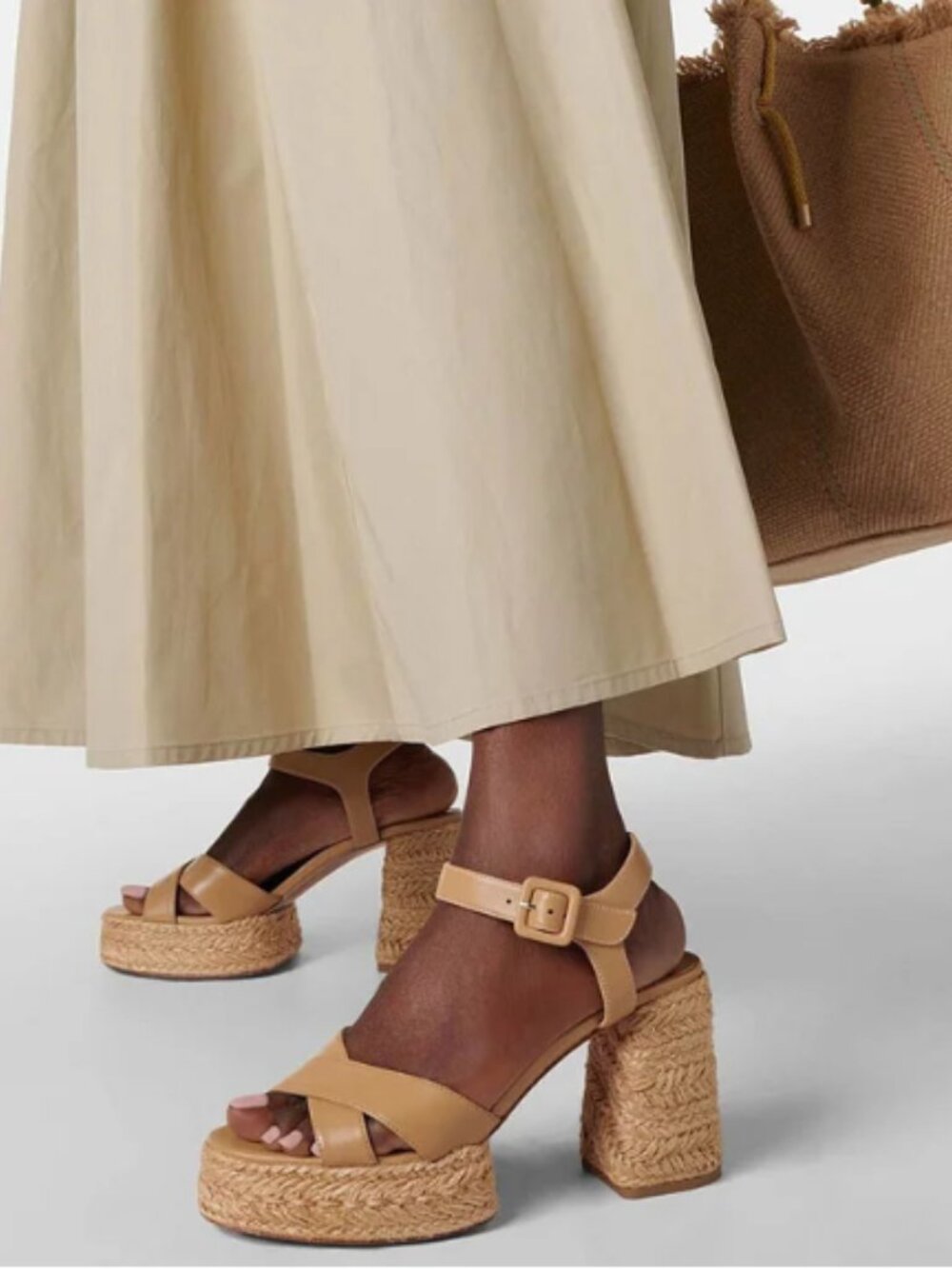 FSJ Tan Espadrille Platform Block Heel Sandals Open Toe Ankle Strap Buckle Shoes